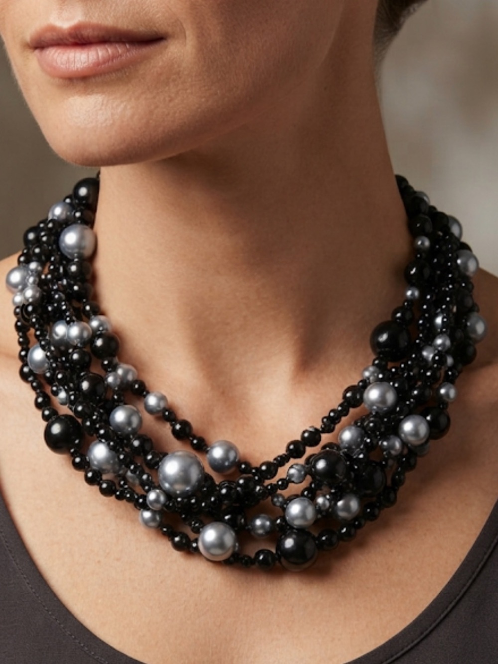 Multi-Strand Black and Silver Pearl Necklace - Women Jewelry